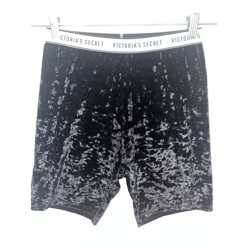 Victorias Secret Sz M Black Velvet Sleep pajama Shorts Logo Band Lounge Comfort